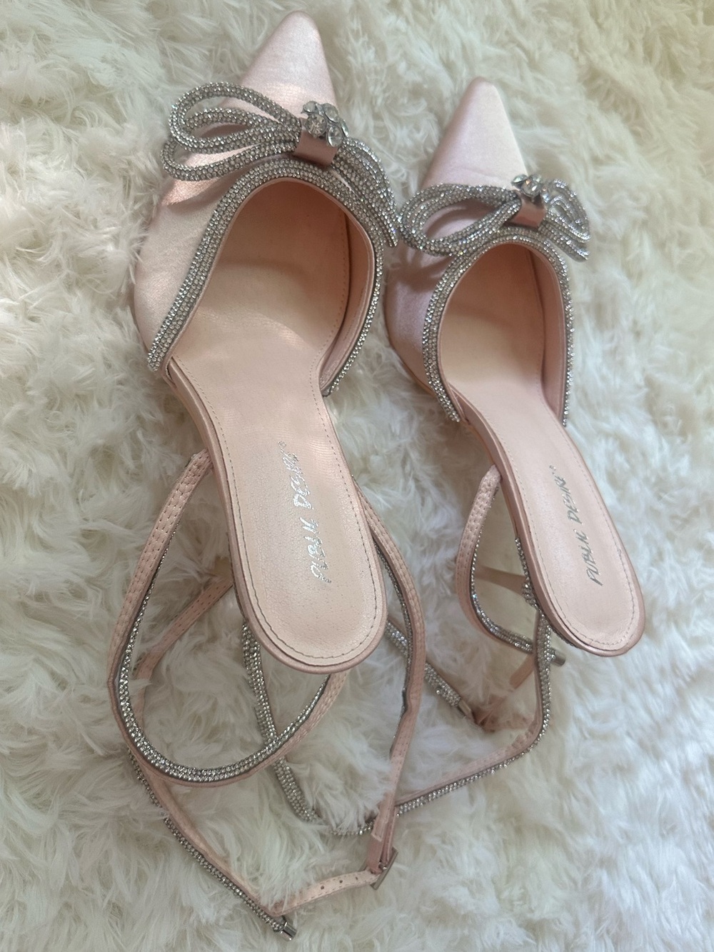 Public Desire Champagne Satin Pointed Mules with Crystal Bow